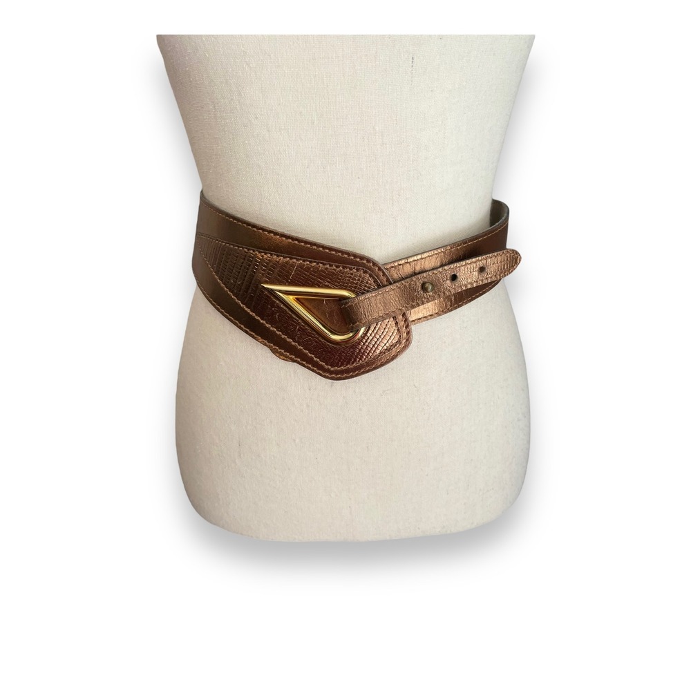 Calderon Bronze Metallic Leather Statement Belt Gold Buckle Made in USA S 80's